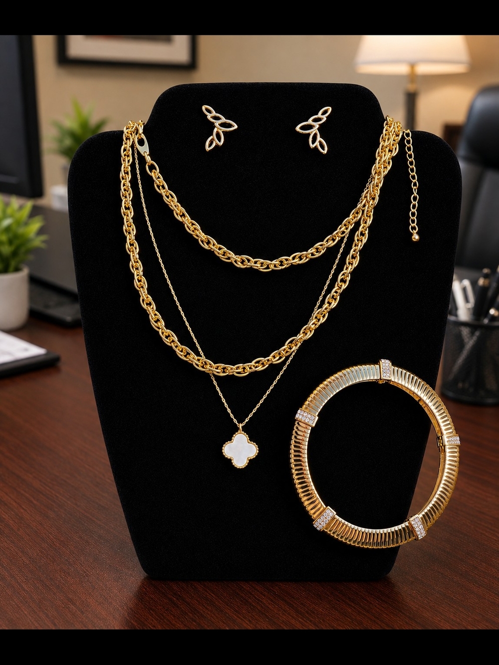 Park Lane Gold-Tone Layered Necklace Set with White Clover Pendant